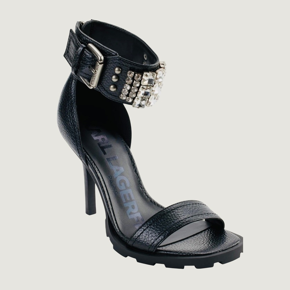 Karl Lagerfeld Paris Malinda Ankle Cuff Crystal Sandal Black Leather Size 11
